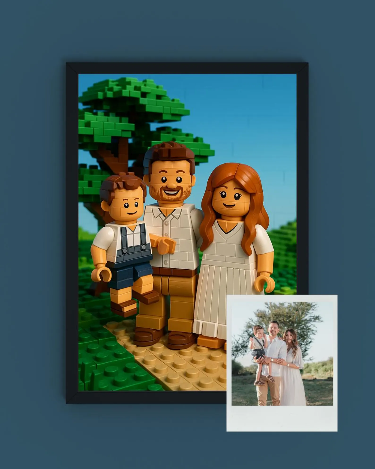 Framed LEGO family portrait beside the source photo
