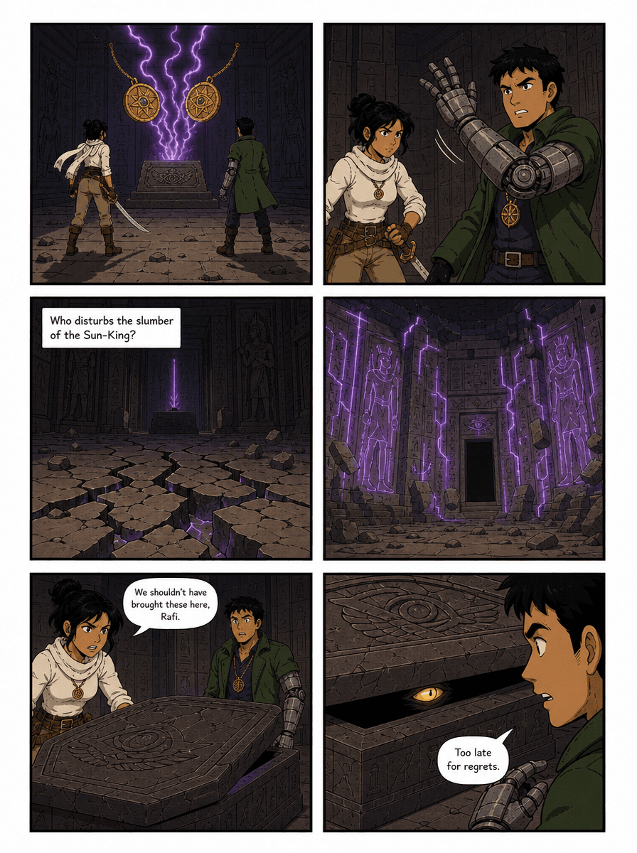 Comic page showing two adventurers awakening an ancient chamber