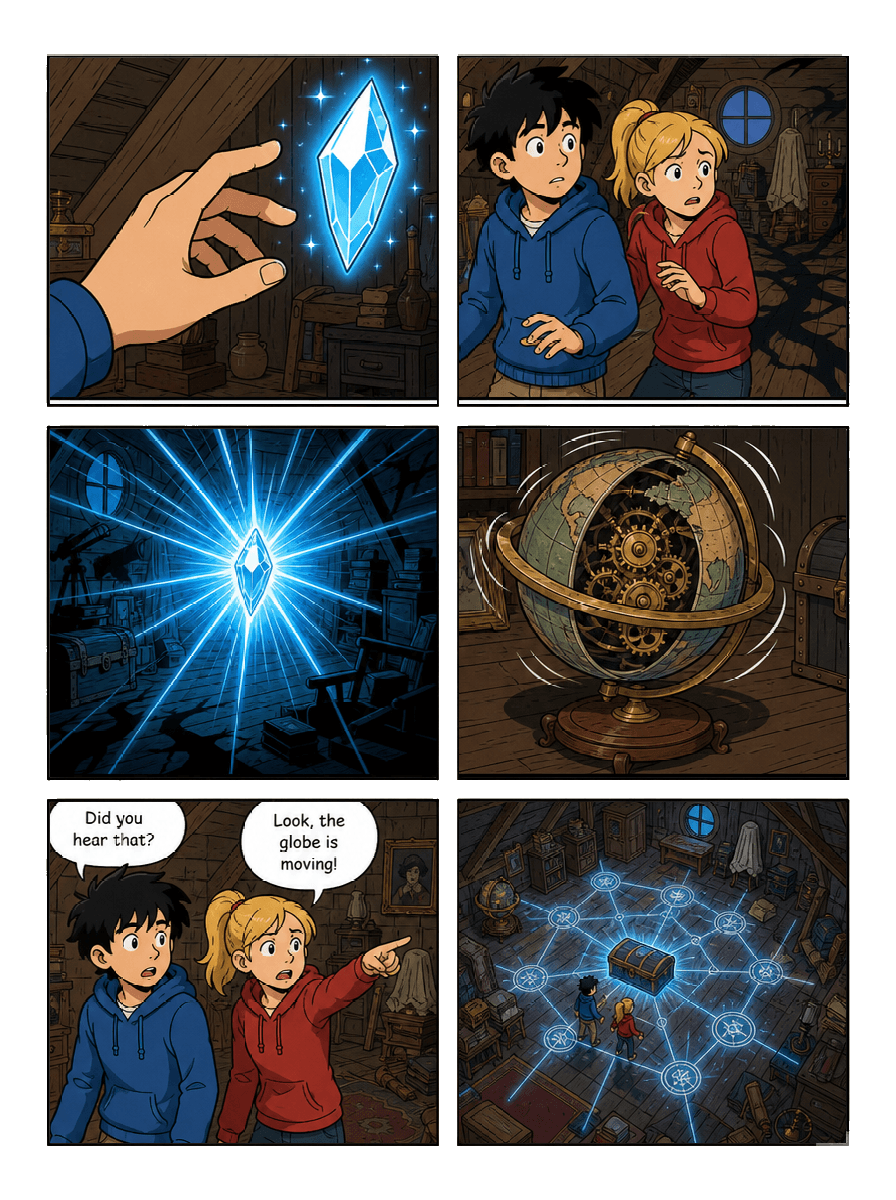 Comic page showing two teenagers discovering a glowing crystal