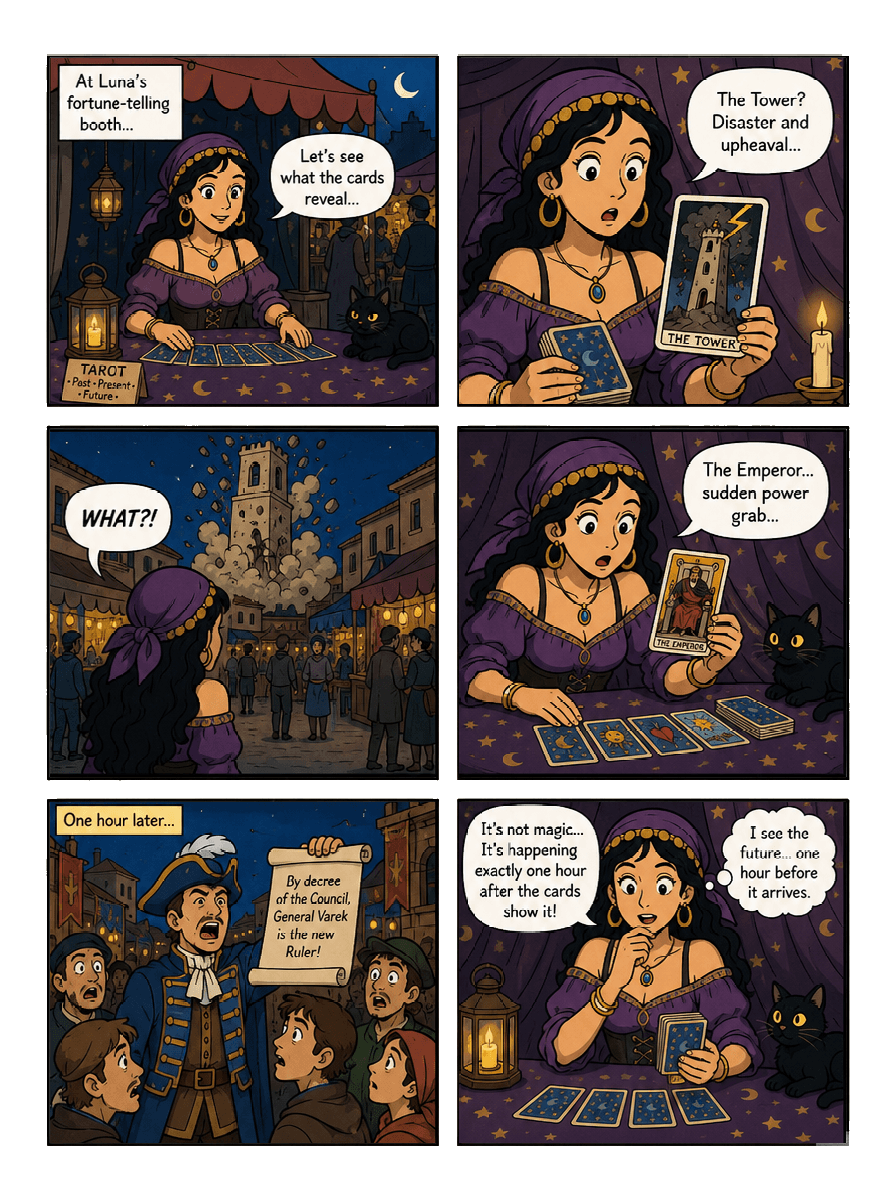 Comic page showing a fortune teller predicting events in a town square