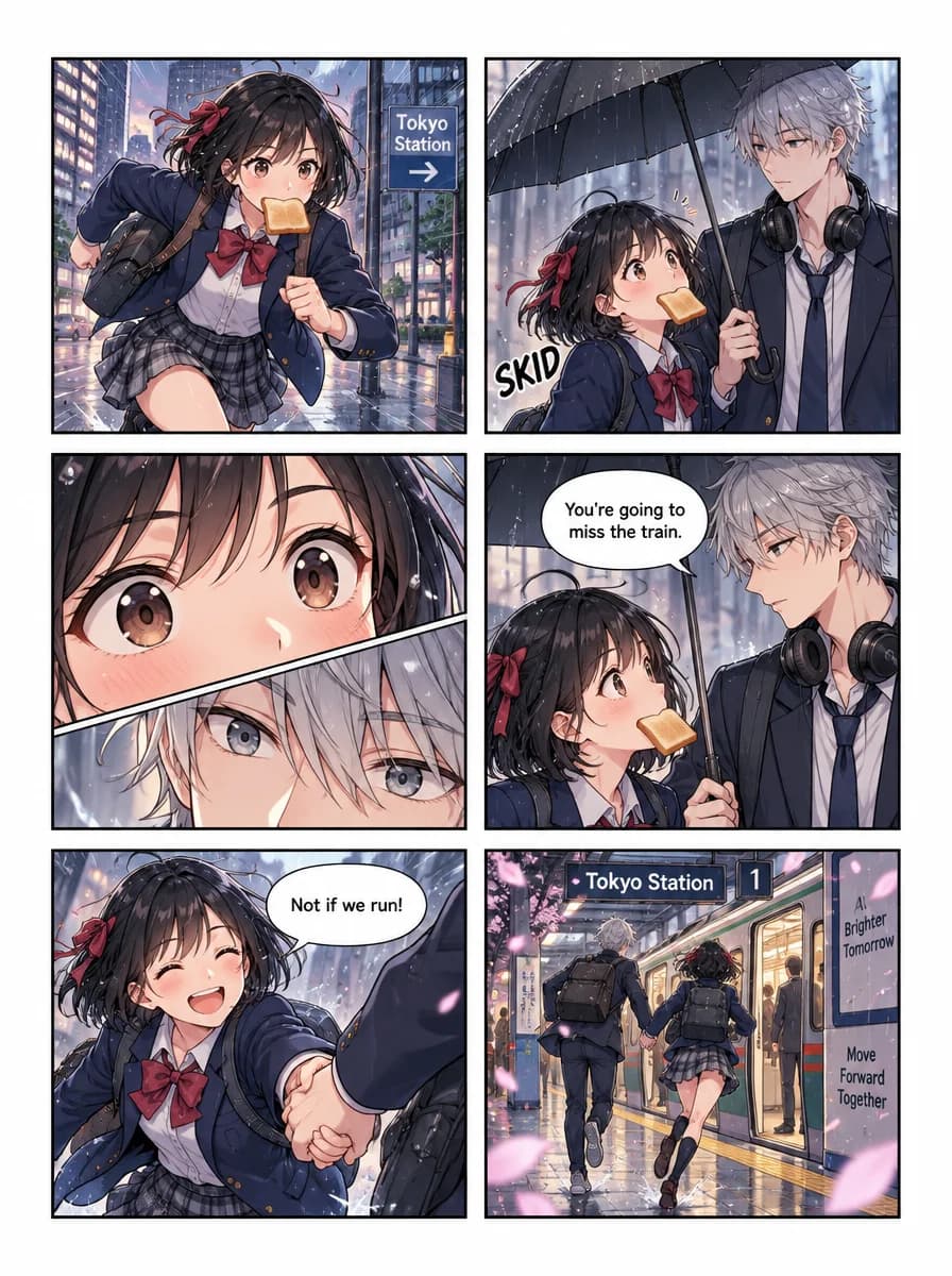 Six-panel manga page: Hana runs through the rain with toast in her mouth, meets Ren under his umbrella, and they race hand in hand onto a train