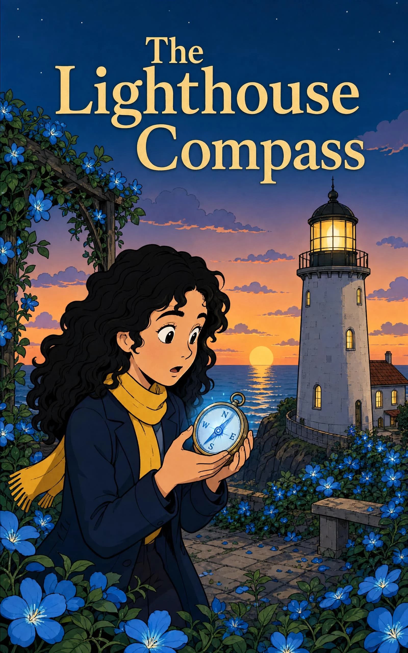 The Lighthouse Compass front cover, showing Mira and the lighthouse