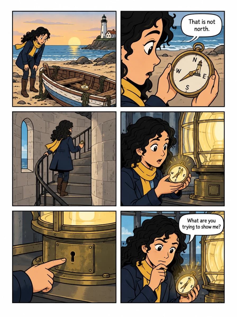 Six-panel first page: Mira finds a compass in a rowboat and takes it to the lighthouse