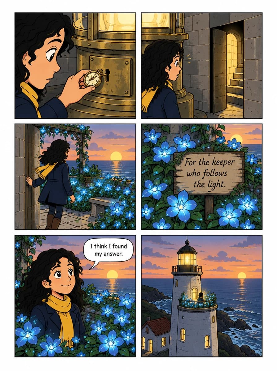 Second six-panel page of the lighthouse story: Mira follows the compass to a hidden rooftop garden