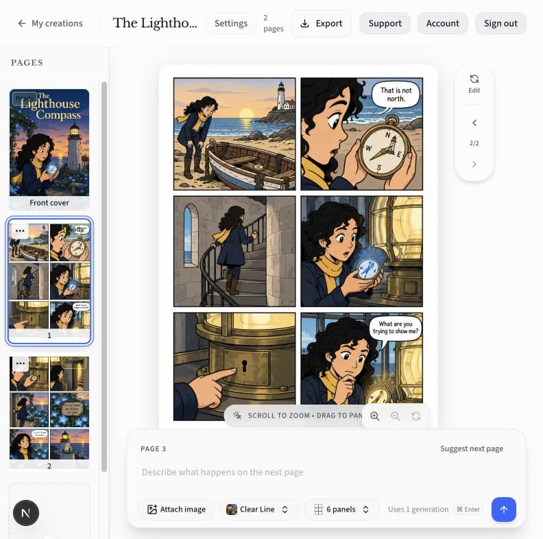 The actual Create Comic studio with the two-page book, front cover and edited page selected